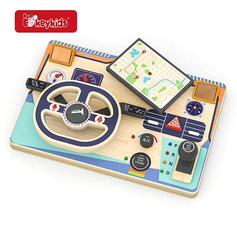 Wooden Driving Busy Board with LED Steering Wheel Sensory Activities Educational Toy for Fine Motor Skills Development W12D746